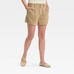 Highest-Rise Pleated Jean Shorts - Khaki 6